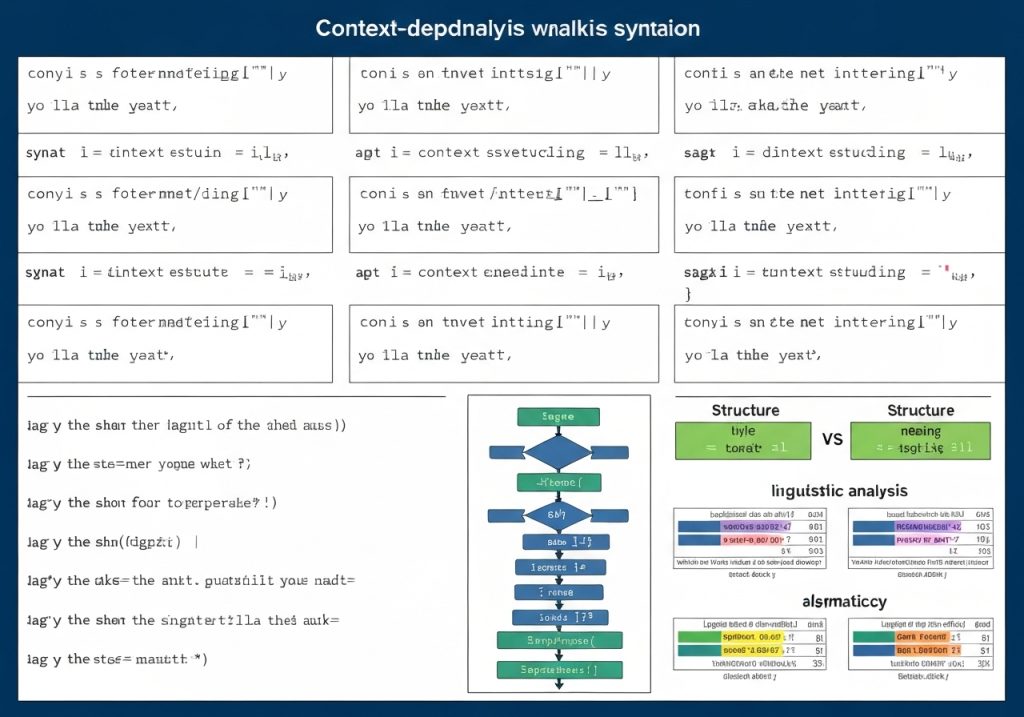컨텍스트 종속 분석 및 구문 분석을 보여주는 복잡한 언어 처리 다이어그램으로, 상단에는 3열의 음성 표기 및 구문 방정식이 있고, 하단에는 순서도, 언어학적 분석 비교 테이블(구조 대 구조), 알고리즘 세부 정보가 표시되어 있습니다