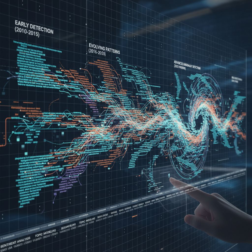 조기 탐지(2010-2015), 진화하는 패턴(2016-2020), 고급 이상 징후 탐지(2021-현재)로 레이블이 지정된 시간대별 데이터 흐름 시각화로, 청록색과 주황색 데이터 스트림이 그리드 배경 위에서 얽히며 흐르고 있으며, 하단에는 주제 모델링 및 감정 분석 레이블이 있고, 손가락이 화면을 가리키고 있습니다