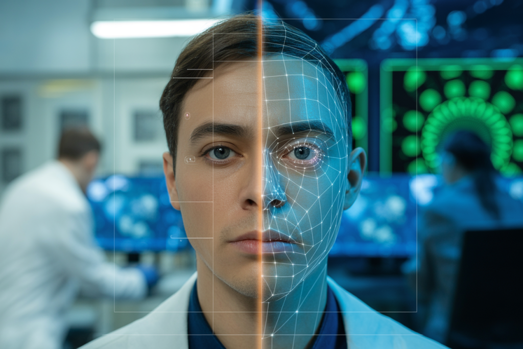 세계 지도 홀로그램과 디지털 인터페이스가 표시된 국제 회의실에서 회의 중인 비즈니스 전문가들