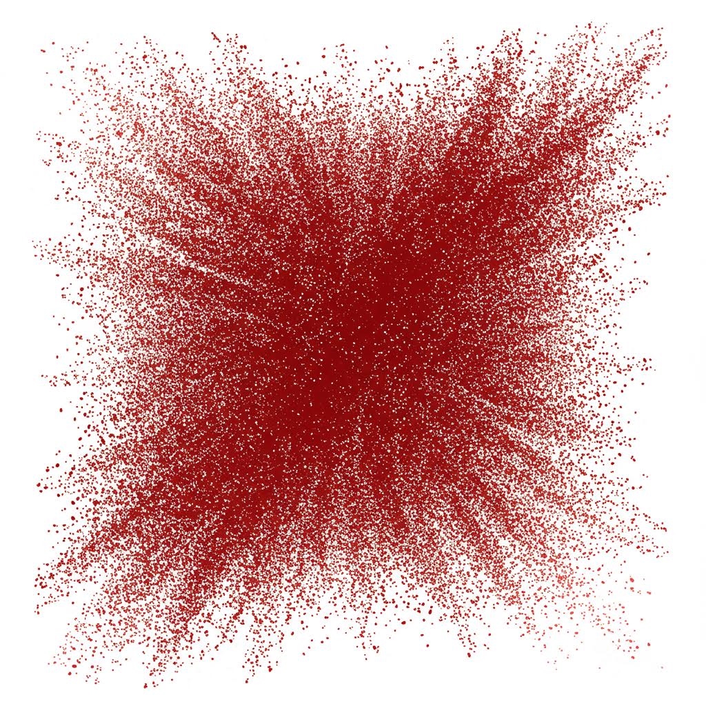 중앙의 짙은 빨간색 농도에서 흰색 배경으로 방사형으로 흩어지는 빨간색 입자의 추상적 산점도 시각화