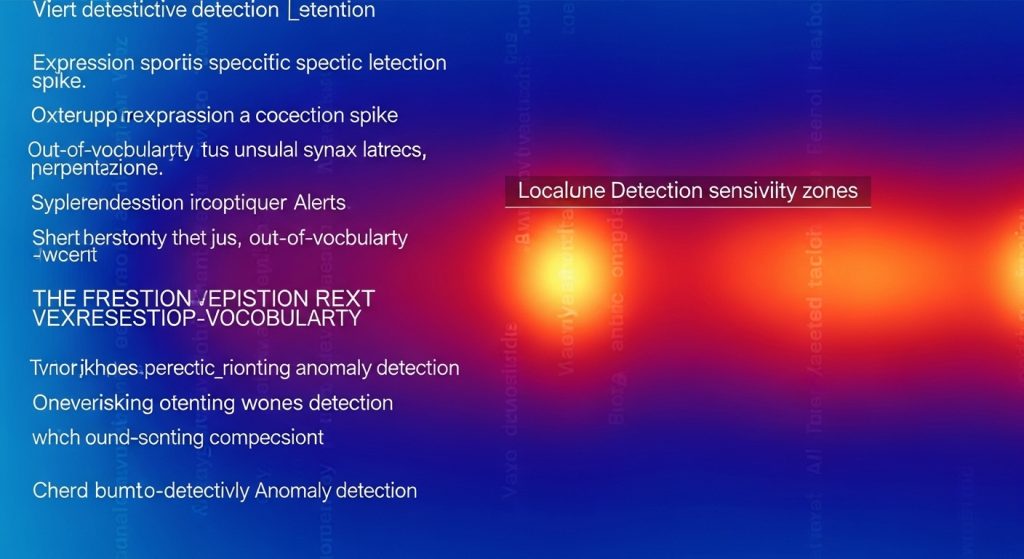왼쪽의 파란색에서 오른쪽의 주황색으로 그라데이션되는 배경에 표현 스포츠 특정 탐지, 어휘 외 구문, 지역 탐지 민감도 영역 등 다양한 탐지 관련 텍스트 조각이 흩어져 있는 이미지로, 중앙에 흰색 사각형 상자가 있습니다
