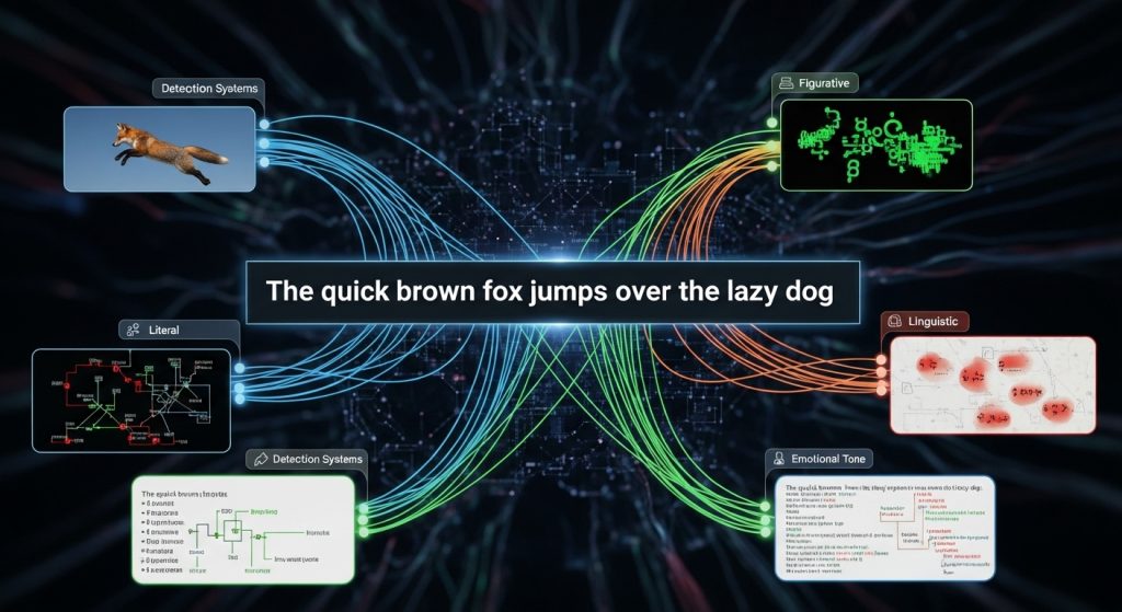 "The quick brown fox jumps over the lazy dog" 텍스트를 중심으로 한 다중 언어 분석 다이어그램으로, 왼쪽 상단에는 점프하는 여우 이미지가 있는 탐지 시스템이, 오른쪽 상단에는 비유적 표현이, 왼쪽 하단에는 문자 그대로의 의미가, 오른쪽 하단에는 언어학적 및 감정적 톤 분석이 있으며, 모두 다채로운 호 형태의 데이터 흐름으로 연결되어 있습니다