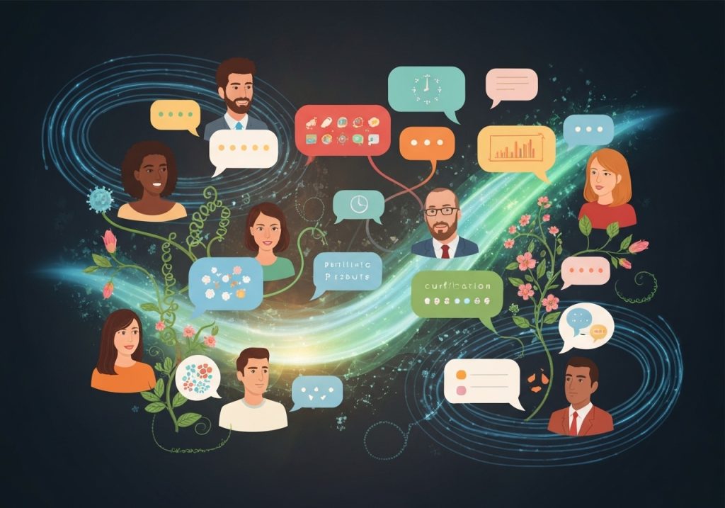 신뢰와 협력 개념을 나타내는 말풍선과 무지개 색상의 원형 다이어그램이 있는 네 명의 사람들을 보여주는 일러스트