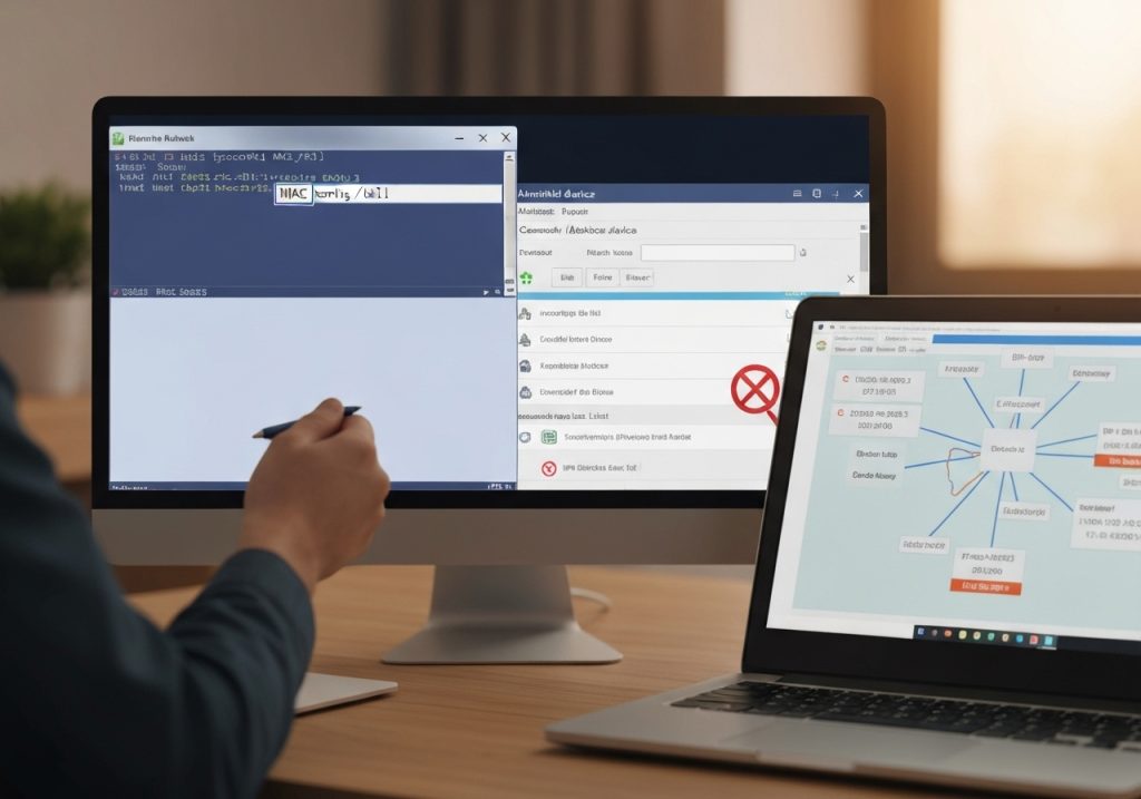 두 대의 모니터 화면 - 왼쪽에는 터미널과 MAC 주소 명령어, 오른쪽에는 마인드맵이 표시됨, 사용자가 펜을 들고 작업 중인 듀얼 모니터 설정