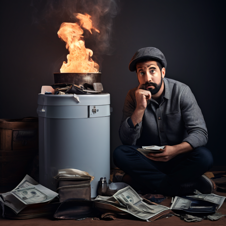 고장난 보일러 위에 물음표가 있고, 빈 지갑을 든 사람이 당황한 표정을 짓고 있는 모습이다.