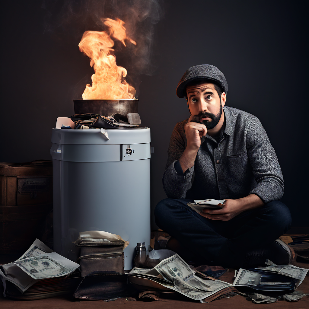 고장난 보일러 위에 물음표가 있고, 빈 지갑을 든 사람이 당황한 표정을 짓고 있는 모습이다.