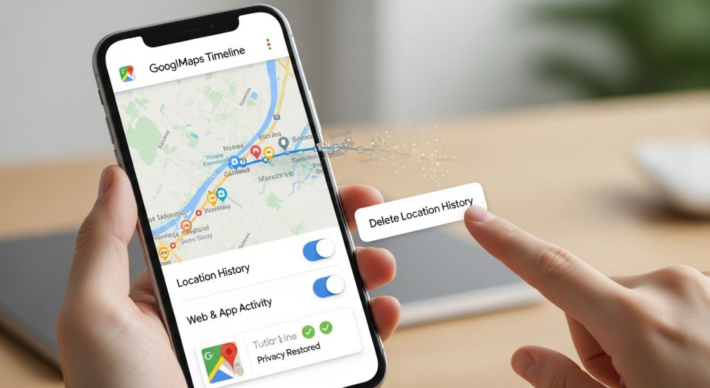 손에 든 스마트폰에 Google Maps 타임라인 화면이 표시됨, 위치 기록 삭제 옵션이 강조되고 위치 기록, 웹 및 앱 활동 토글 스위치가 보임