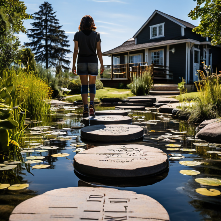 푸른 물 위에 수입이라 적힌 징검다리를 밟고 집을 향해 건너가는 사람의 발이 보이며 옆에는 진단 체크리스트가 떠 있습니다.