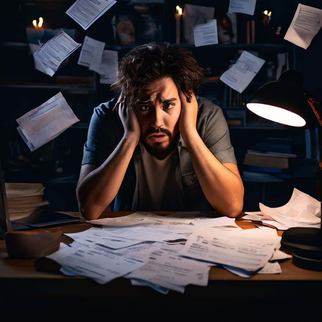 책상에 앉아 컴퓨터 화면의 거절 알림을 보며 고민하는 사람 주변에 실업 관련 서류가 흩어져 있는 모습이다.