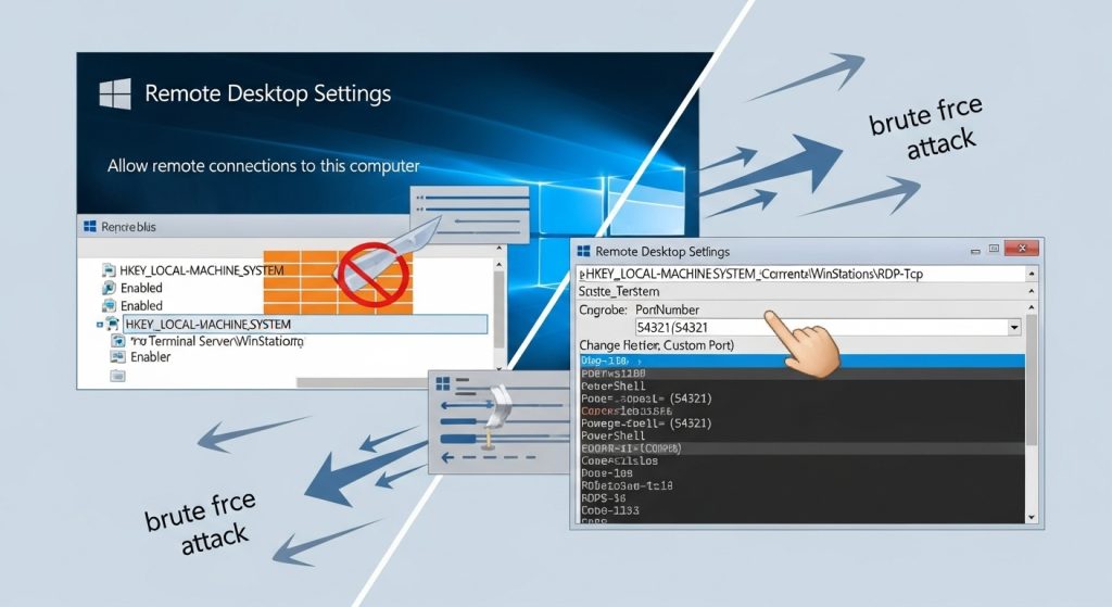 Windows 원격 데스크톱 설정 화면과 레지스트리 편집기, RDP 포트 번호 변경 방법을 보여주며 brute force attack 공격 화살표가 양방향으로 표시됨