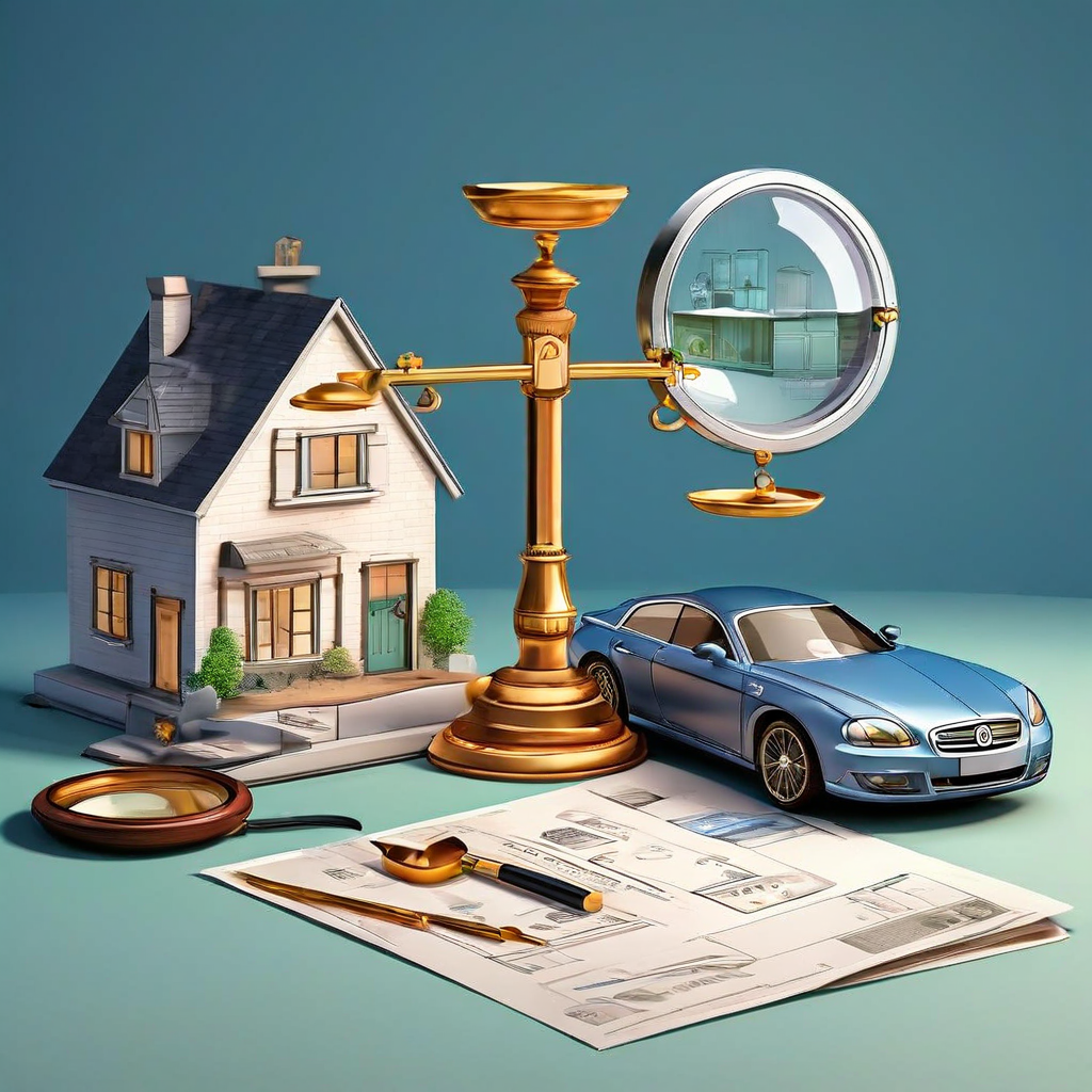 한쪽에는 평범한 주택, 다른 쪽에는 돈자루가 실린 자동차가 올려진 저울이 공문서와 확대경 옆에 놓여 있는 모습이다.