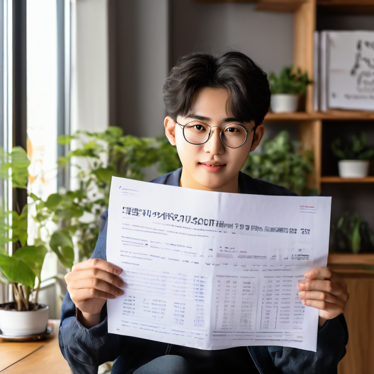 청년이 월 20만원이 강조된 '청년 특별 임대료 지원' 서류를 집중하며 검토하는 모습이다.