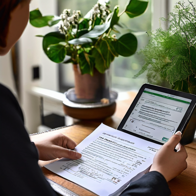 한 사람이 노란색 서류를 파쇄기에 넣는 동안, 타블렛 화면에는 초록색 체크 표시가 된 간단한 재발급 신청서가 나타나 있습니다.