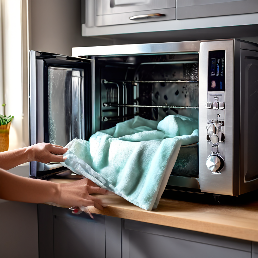 전자레인지 내부를 식초수로 깨끗하게 세척하는 방법을 보여주는 이미지로, 안쪽에 증기가 무는 식초수 그릇이 놓여 있고 천을 든 손이 반짝이는 벽면을 닦고 있습니다.