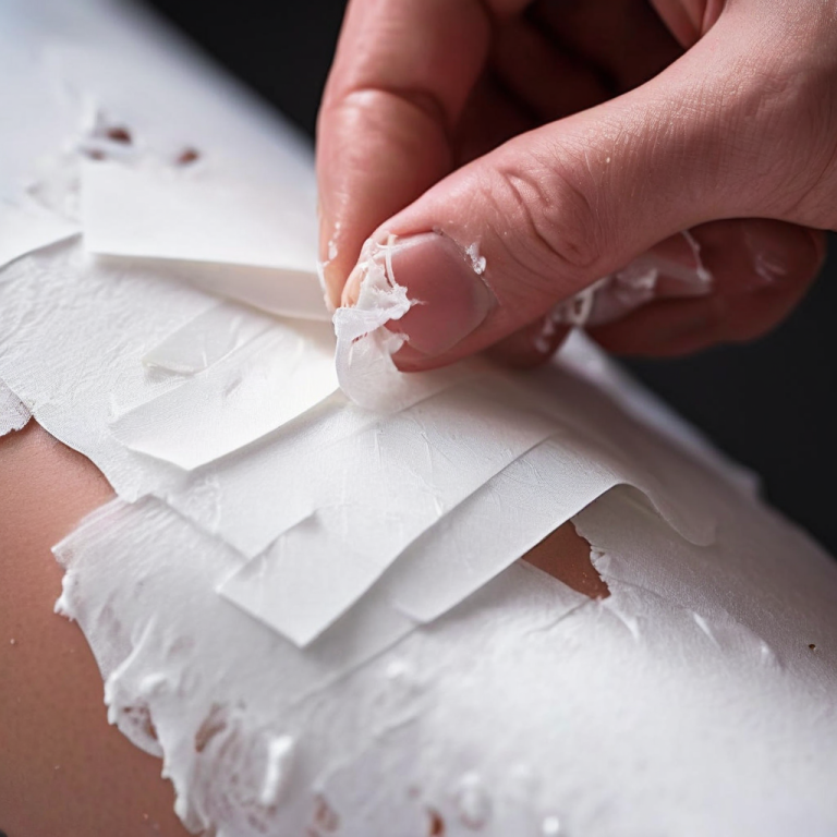 흰색으로 부풀어 오른 반창고가 떼어지며 그 아래로 붉게 염증이 생긴 상처가 드러난 모습이다.