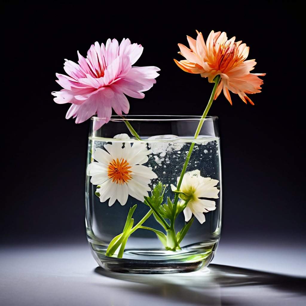 깨지기 쉬운 화학적 장벽으로 분리된 설탕물과 표백제가 담긴 유리 꽃병이 식물의 생존과 죽음을 대조적으로 보여주는 실험적 이미지입니다.