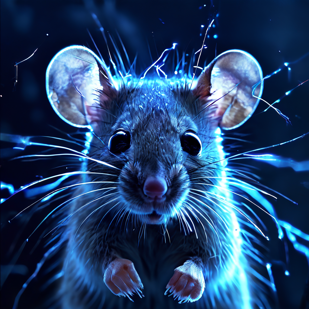 쥐의 투명한 두개골 안에서 전기 신호가 빛의 번개처럼 마구 치며 휘몰아치는 모습이다.