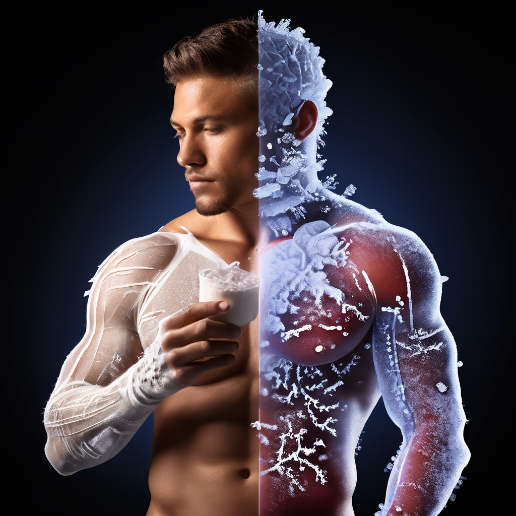 한쪽은 서리 결정이 맺힌 관절을 냉찜질하는 운동선수, 다른 쪽은 열기