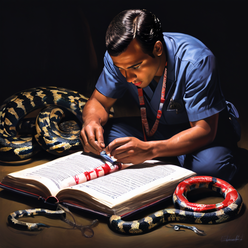 배경으로 독사를 등에 업고, 의학 서적을 보며 잘못된 지혈대 사용법을 시도하는 사람의 모습이다.