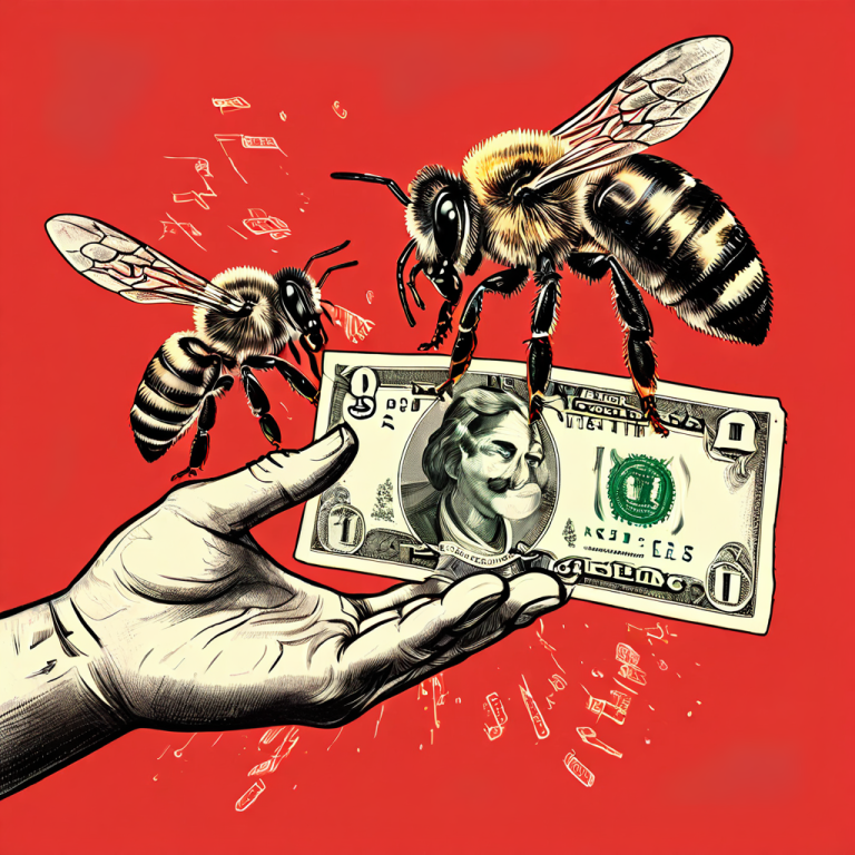 한 손은 신용카드로 벌침을 긁어내고 다른 손은 잘못된 방법으로 지폐를 사용하는 모습을 빨간색 위험 표시가 지폐 위에 표시되어 있다.