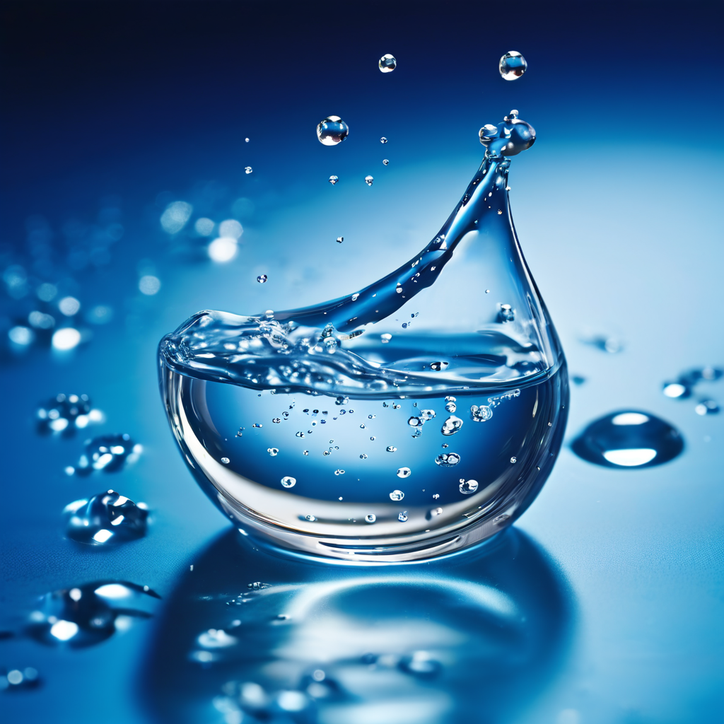 투명한 물속에 떨어진 표백약 한 방울이 확산되는 모습을 클로즈업한 사진에, 정확한 농도를 계산하는 과학 도표