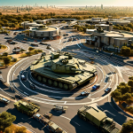 하늘에서 내려다본 회전교차로가 군사 작전도로 변형되어, 작은 탱크와 부대들이 길을 따라 배치된 모습이다.