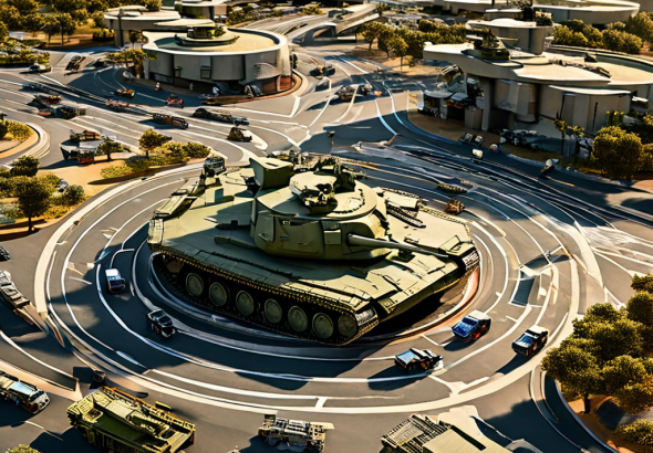 하늘에서 내려다본 회전교차로가 군사 작전도로 변형되어, 작은 탱크와 부대들이 길을 따라 배치된 모습이다.