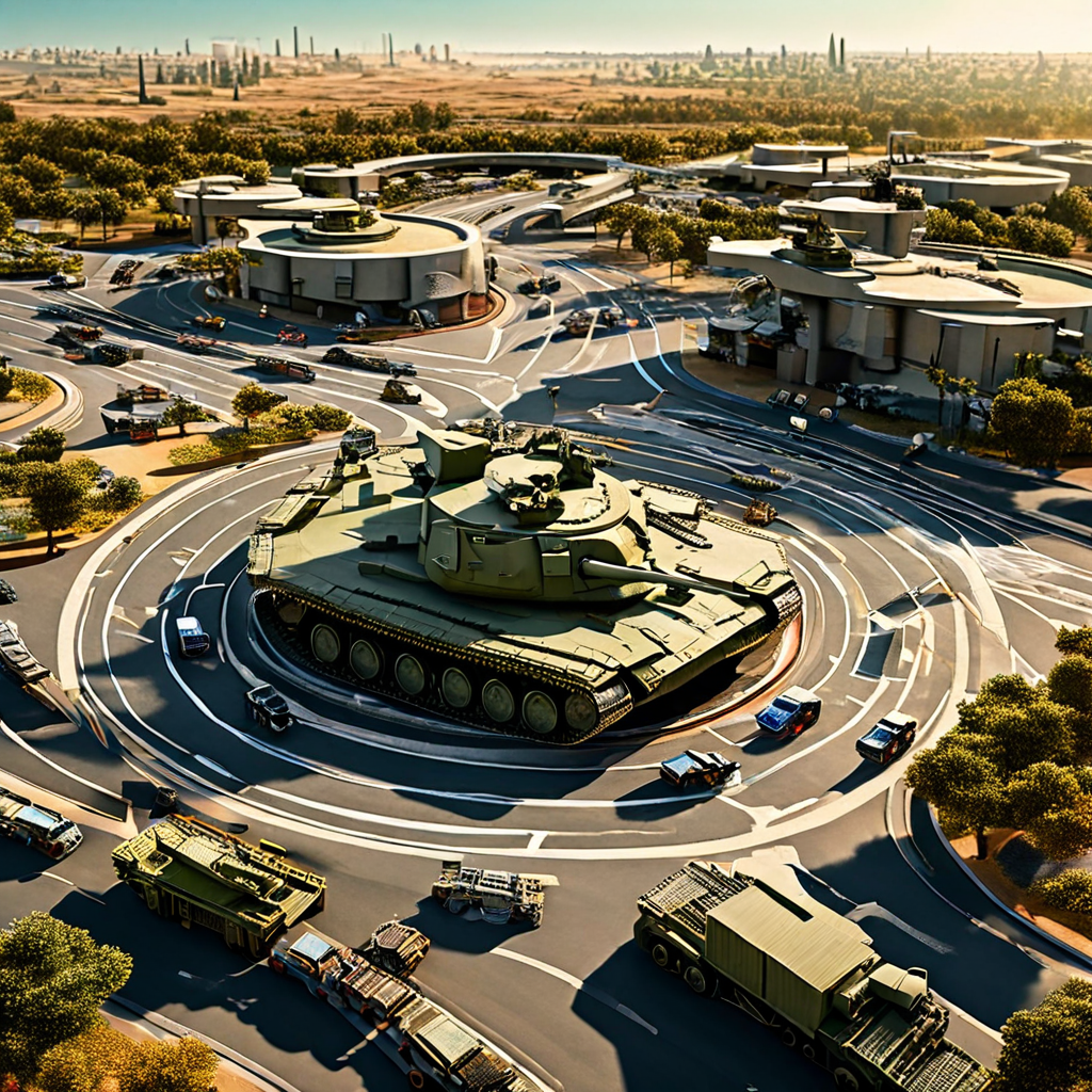 하늘에서 내려다본 회전교차로가 군사 작전도로 변형되어, 작은 탱크와 부대들이 길을 따라 배치된 모습이다.