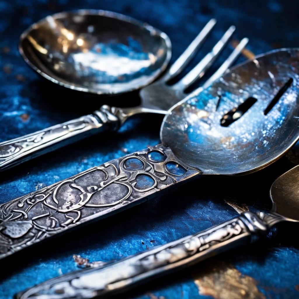 오래된 은제 식기류의 표면에 형성된 진한 청색과 흑색의 산화 얼룩 패턴을 클로즈업한 이미지로, 은기의 변색 과정과 자연스러운 노후화를 생생하게 보여줍니다.