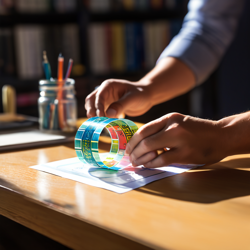 작업 책상 위에서 투명 테이프 끝을 작은 플래그로 표시하여 정리하며 풀어내는 손은 단순한 편의성을 넘어 체계적인 효율성을 상징적으로 보여줍니다.