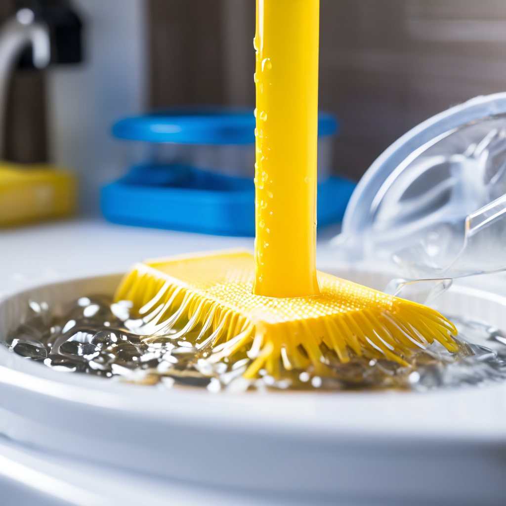 싱크대 배수구가 막혀 플라스틱 빨대와 케이블 타이를 활용한 독창적인 방법으로 청소되고 있는 모습을 클로즈업한 이미지입니다.