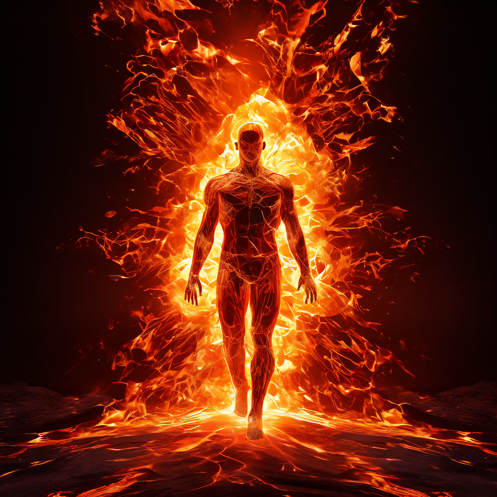 태양 아래 서 있는 인물의 내부 냉각 시스템이 유리처럼 갈라지며 열사병과 일사병이 두 갈래 위험한 길로 나뉘는 모습이다.