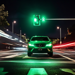 초록불에 좌회전하는 차량이 맞은편에서 달려오는 차와 아슬아슬하게 스치듯 지나가는 위험한 순간이다.