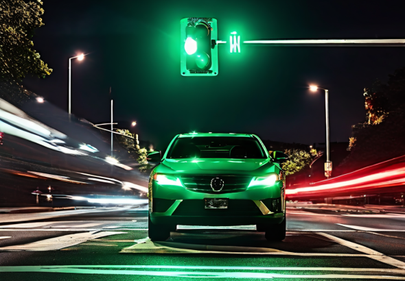 초록불에 좌회전하는 차량이 맞은편에서 달려오는 차와 아슬아슬하게 스치듯 지나가는 위험한 순간이다.