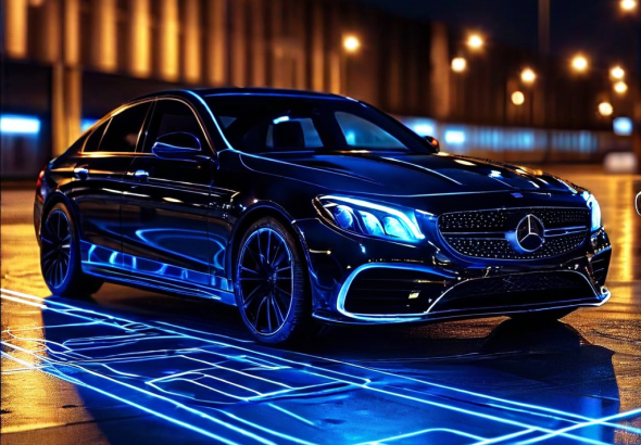 자동차가 센서와 가이드라인의 정밀한 안내를 받아 주차 공간에 완벽하게 중앙 정렬된 모습을 시각화한 이미지로 첨단 주차 보조 시스템의 정확성과 안전성을 강조합니다.