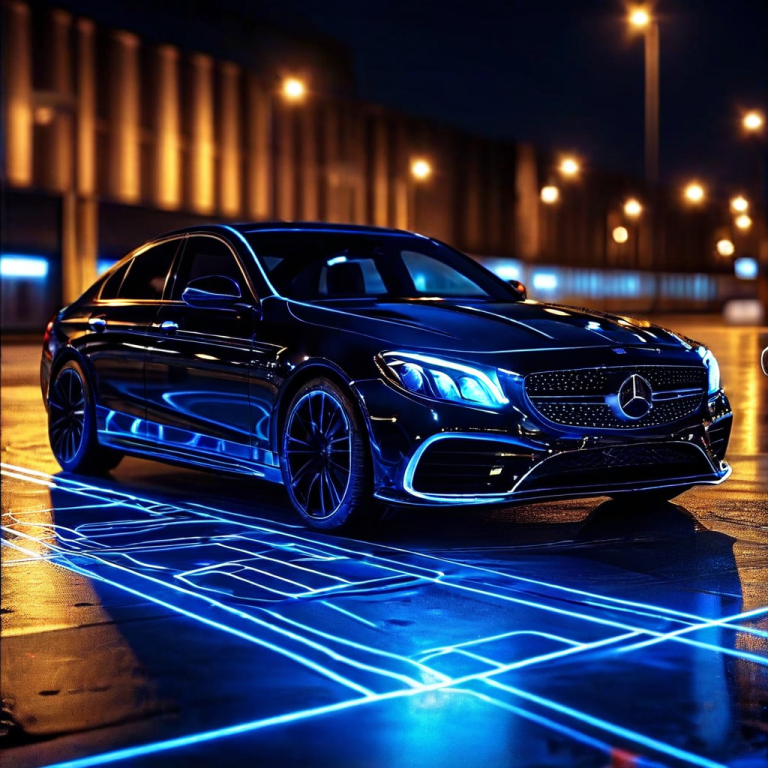 자동차가 센서와 가이드라인의 정밀한 안내를 받아 주차 공간에 완벽하게 중앙 정렬된 모습을 시각화한 이미지로 첨단 주차 보조 시스템의 정확성과 안전성을 강조합니다.