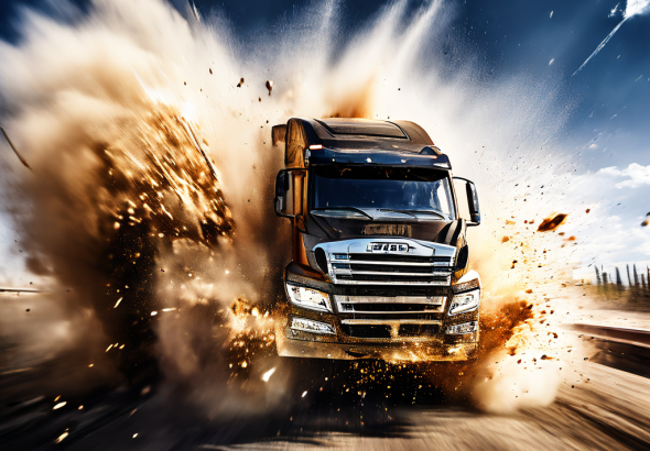 고속 주행 중인 화물트럭의 판스프링이 폭발적으로 끊어지며 흔들리는 타이어와 날카로운 금속 파편이 날아가는 순간을 묘사한 장면입니다.