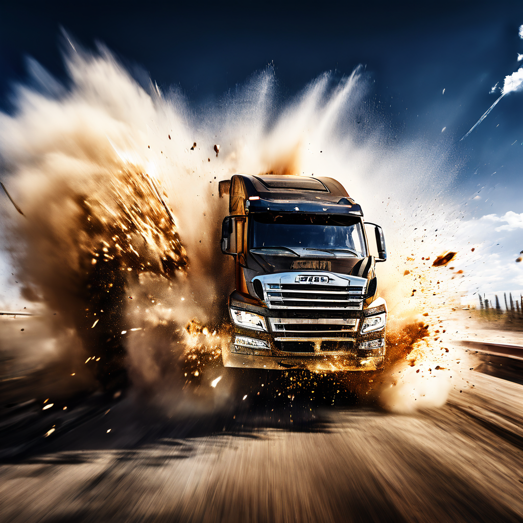 고속 주행 중인 화물트럭의 판스프링이 폭발적으로 끊어지며 흔들리는 타이어와 날카로운 금속 파편이 날아가는 순간을 묘사한 장면입니다.