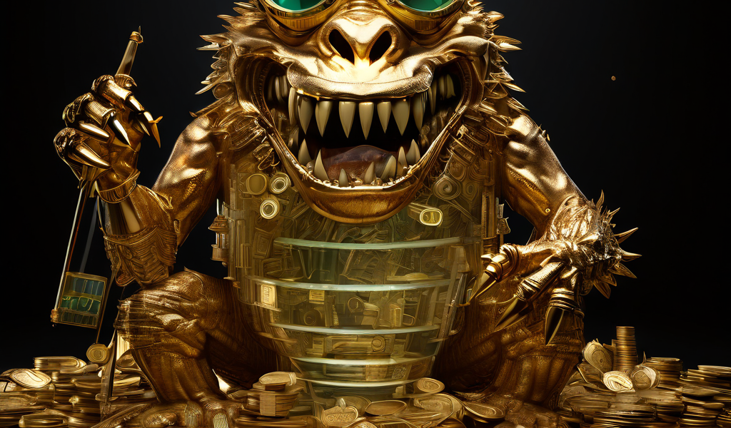 투명한 동전으로 만들어진 괴물이 자라나는 금괴를 집어삼키는 모습을 확대경으로 살펴보면, 그 몸속에 숨겨진 다양한 수수료 비율이 드러나는 개념적 이미지입니다.