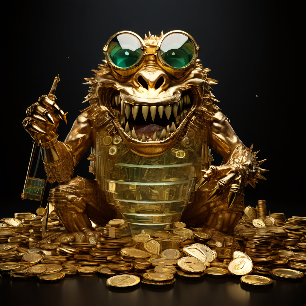 투명한 동전으로 만들어진 괴물이 자라나는 금괴를 집어삼키는 모습을 확대경으로 살펴보면, 그 몸속에 숨겨진 다양한 수수료 비율이 드러나는 개념적 이미지입니다.