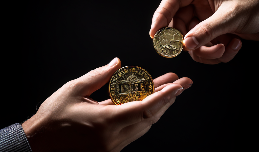 직접 거래를 유혹하는 동전을 향해 뻗은 손이, 숨겨진 수수료와 법적 위험, 사기 함정으로 얽힌 복잡한 어둠의 그물망 속에서 위험을 무릅쓰는 상황을 상징적으로 묘사한 이미지입니다.