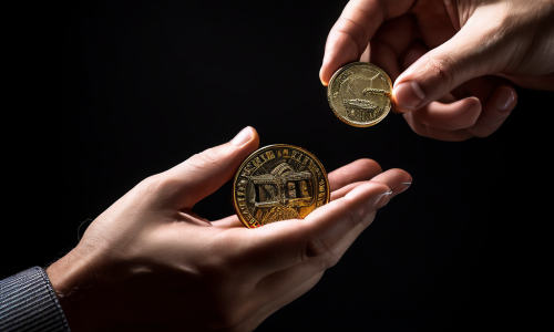 직접 거래를 유혹하는 동전을 향해 뻗은 손이, 숨겨진 수수료와 법적 위험, 사기 함정으로 얽힌 복잡한 어둠의 그물망 속에서 위험을 무릅쓰는 상황을 상징적으로 묘사한 이미지입니다.