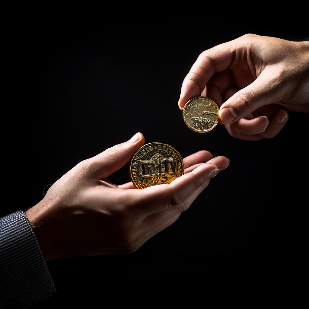 직접 거래를 유혹하는 동전을 향해 뻗은 손이, 숨겨진 수수료와 법적 위험, 사기 함정으로 얽힌 복잡한 어둠의 그물망 속에서 위험을 무릅쓰는 상황을 상징적으로 묘사한 이미지입니다.