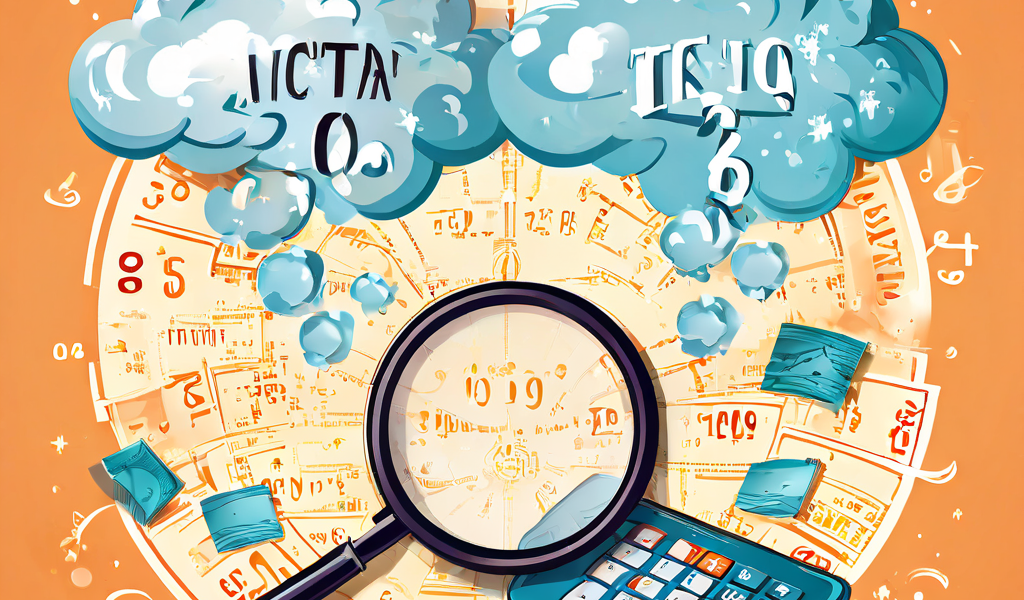 두 장의 동일한 복권에 적힌 일치하는 당첨 번호를 중심으로 확률 계산이 소용돌이치며, 돋보기가 미신을 나타내는 구름을 밝혀내는 개념도를 보여줍니다.