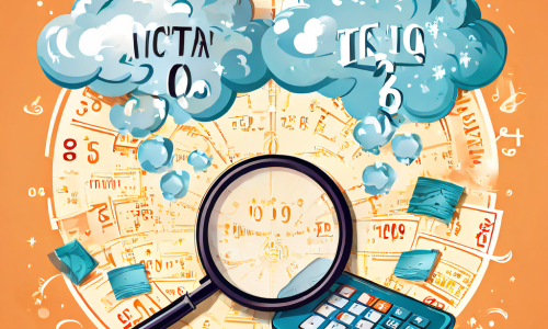 두 장의 동일한 복권에 적힌 일치하는 당첨 번호를 중심으로 확률 계산이 소용돌이치며, 돋보기가 미신을 나타내는 구름을 밝혀내는 개념도를 보여줍니다.