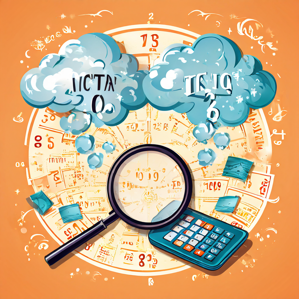 두 장의 동일한 복권에 적힌 일치하는 당첨 번호를 중심으로 확률 계산이 소용돌이치며, 돋보기가 미신을 나타내는 구름을 밝혀내는 개념도를 보여줍니다.