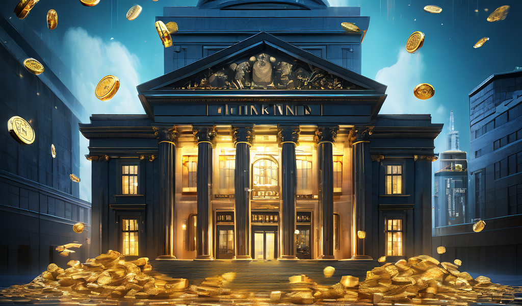 금리 인하와 경기 침체의 홍수 속에서도 견고한 기반을 지키며 안정된 빛을 발하는 은행 건물을 상징적으로 표현한 이미지입니다.
