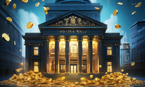 금리 인하와 경기 침체의 홍수 속에서도 견고한 기반을 지키며 안정된 빛을 발하는 은행 건물을 상징적으로 표현한 이미지입니다.