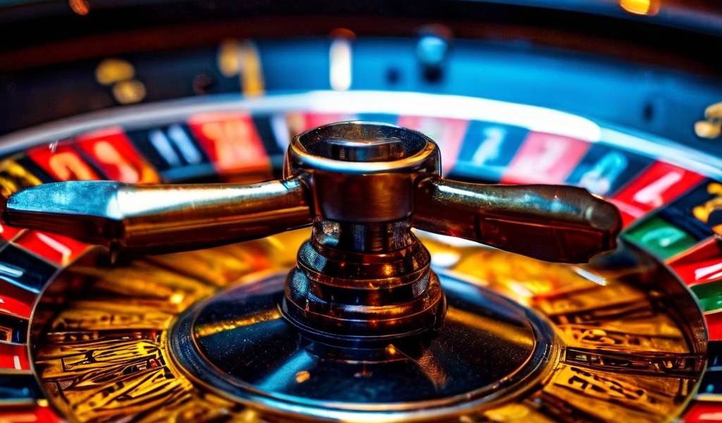 돌아가는 룰렛 휠의 클로즈업 속 흐릿한 숫자와 색상, 그리고 그 표면에 비친 당황하고 속아 넘어가는 듯한 인간의 눈빛을 통해 도박의 불확실성과 심리적 속임수를 시각적으로 표현한 이미지입니다.