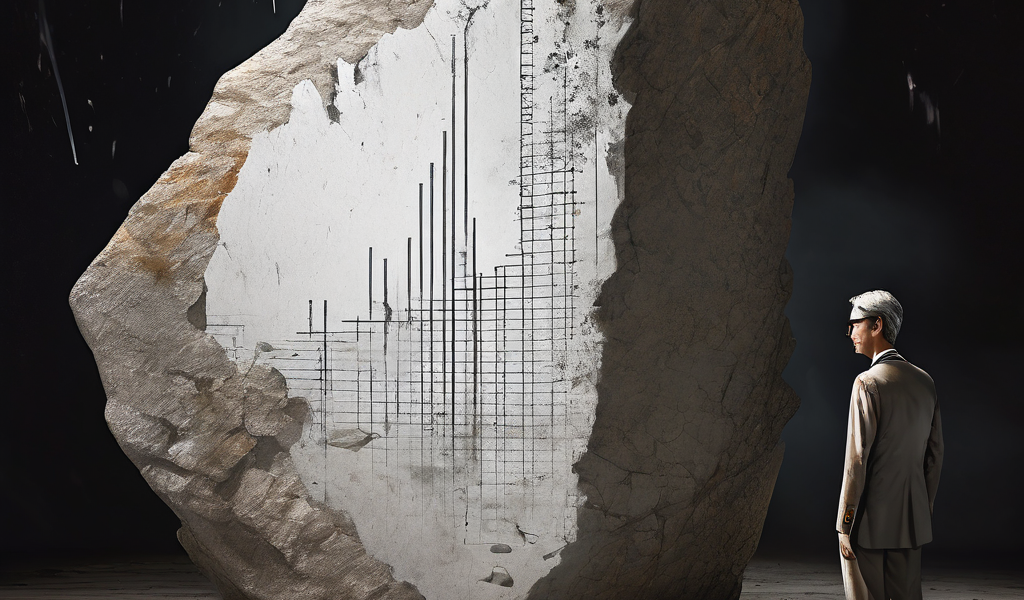 거대한 붕괴하는 돌 주사위가 작고 완벽한 표본 데이터 그래프를 바라보는 사람을 압도하는 모습으로 데이터 분석의 압박감과 현실적 한계를 상징적으로 표현합니다.